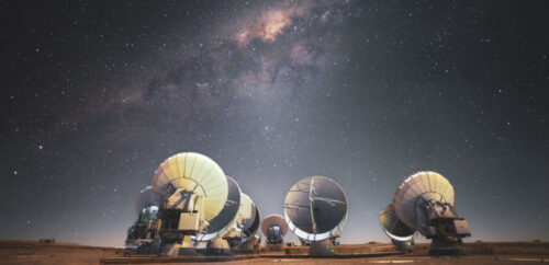 An image of the dishes that make up the ALMA observatory n the Atacama Desert in Chile.