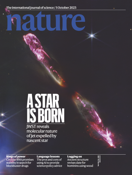 The front cover of Nature magazine featuring Herbig-Haro 211, an interstellar jet originating from a young star.