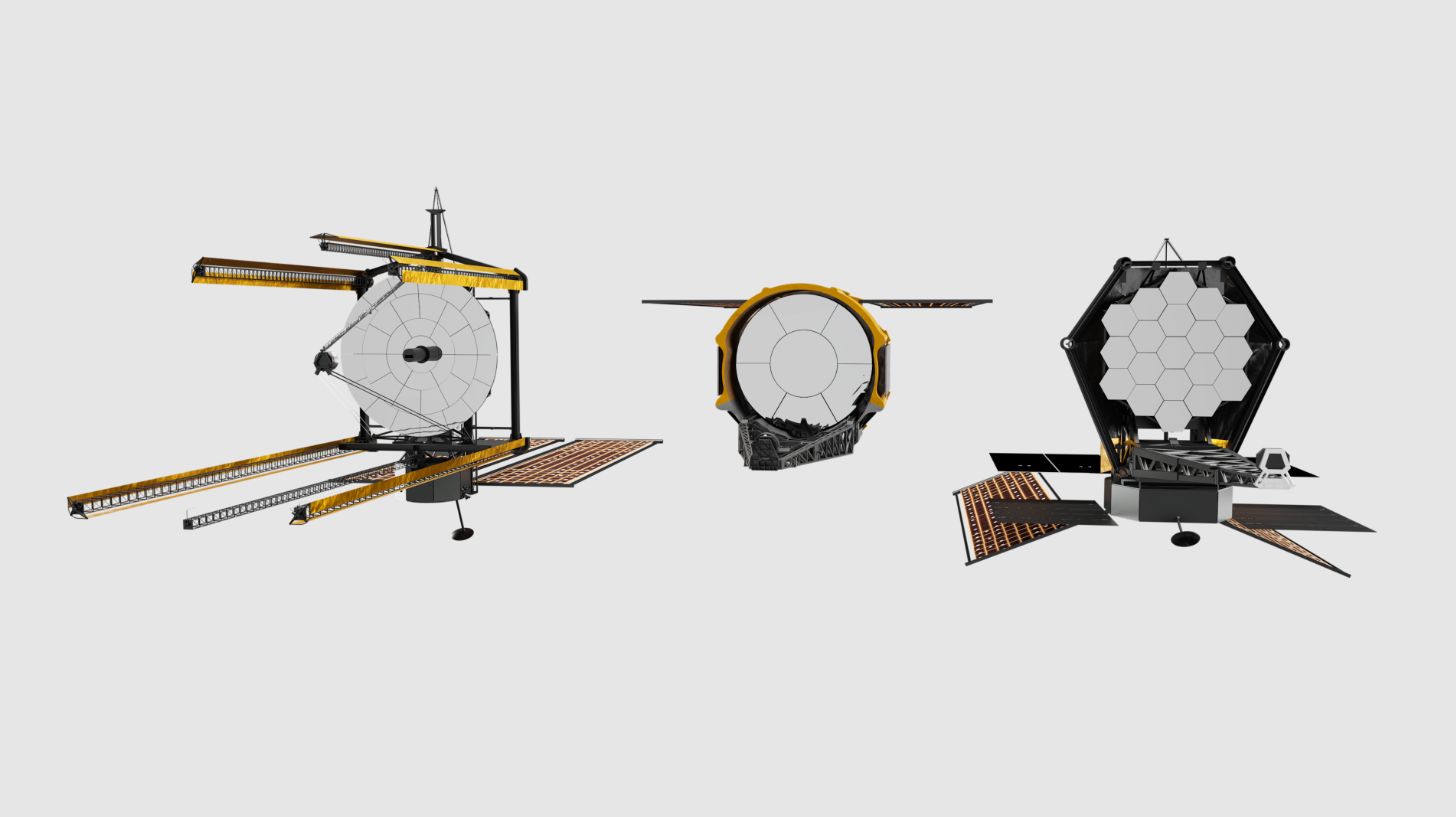 Three proposed designs for the Habitable Worlds Observatory.