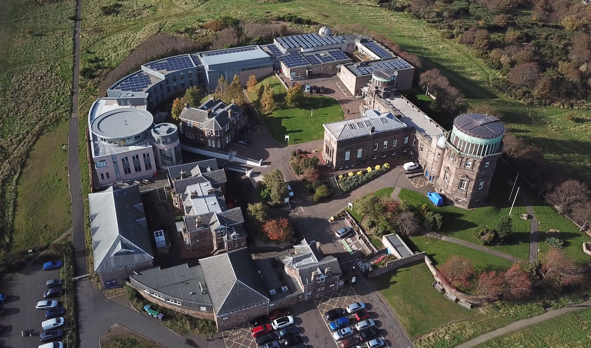An aerial photo of the UK ATC buildings showing the Victorian observatory, labs, workshops and offices.