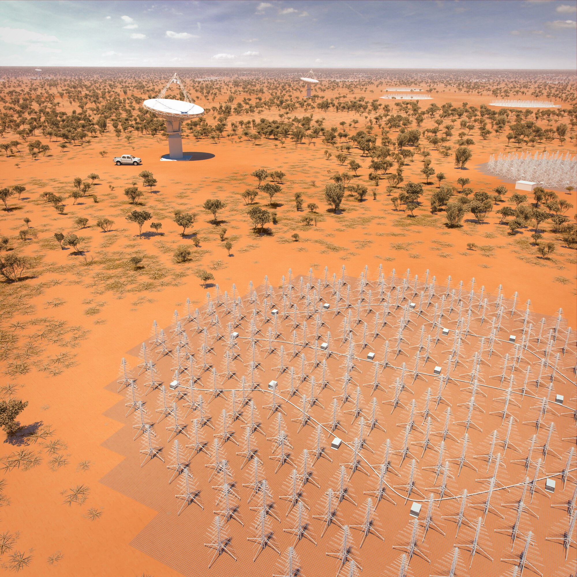Artist's impression of the low-frequency antennas in the desert in Western Australia, they look a bit like wire Christmas trees.